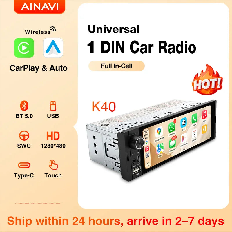 Autoradio 1 DIN universel CarPlay et Android Auto – Écran tactile HD