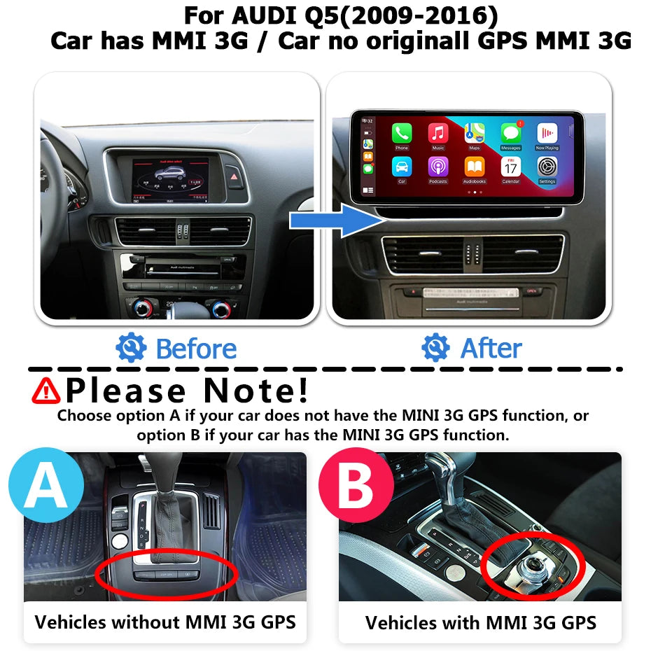Écran multimédia CarPlay & Android Auto sans fil pour Audi Q5 (2009–2016) – Tactile HD 10,25" à 13"
