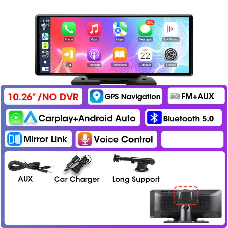 Écran CarPlay sans fil 10,26 pouces pour voiture – Android Auto, caméra de recul