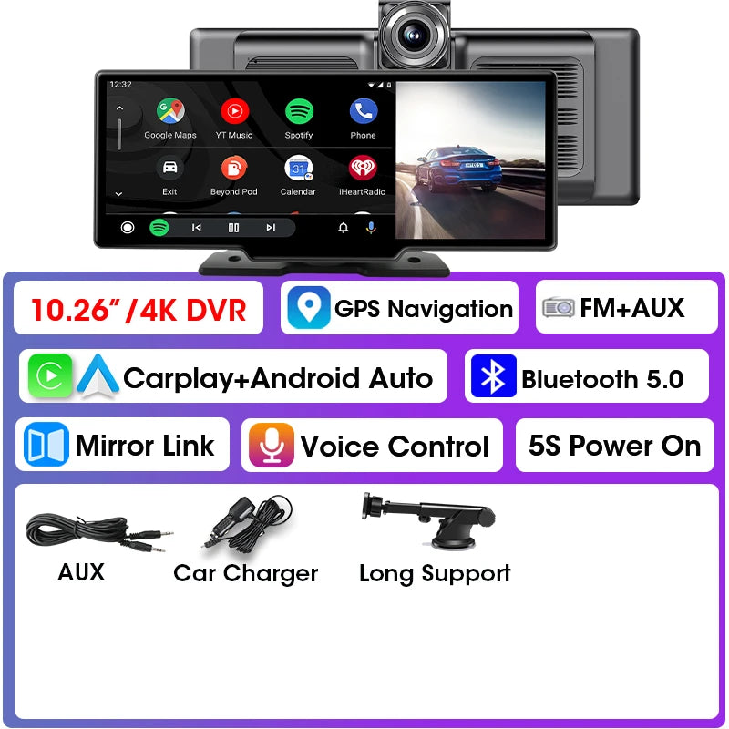 Écran CarPlay sans fil 10,26 pouces pour voiture – Android Auto, caméra de recul