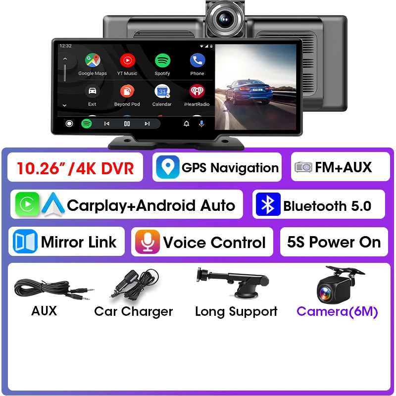 Écran CarPlay sans fil 10,26 pouces pour voiture – Android Auto, caméra de recul