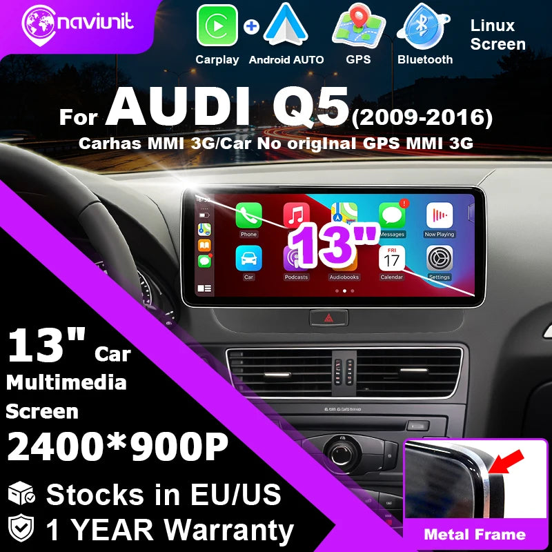 Écran multimédia CarPlay & Android Auto sans fil pour Audi Q5 (2009–2016) – Tactile HD 10,25" à 13"